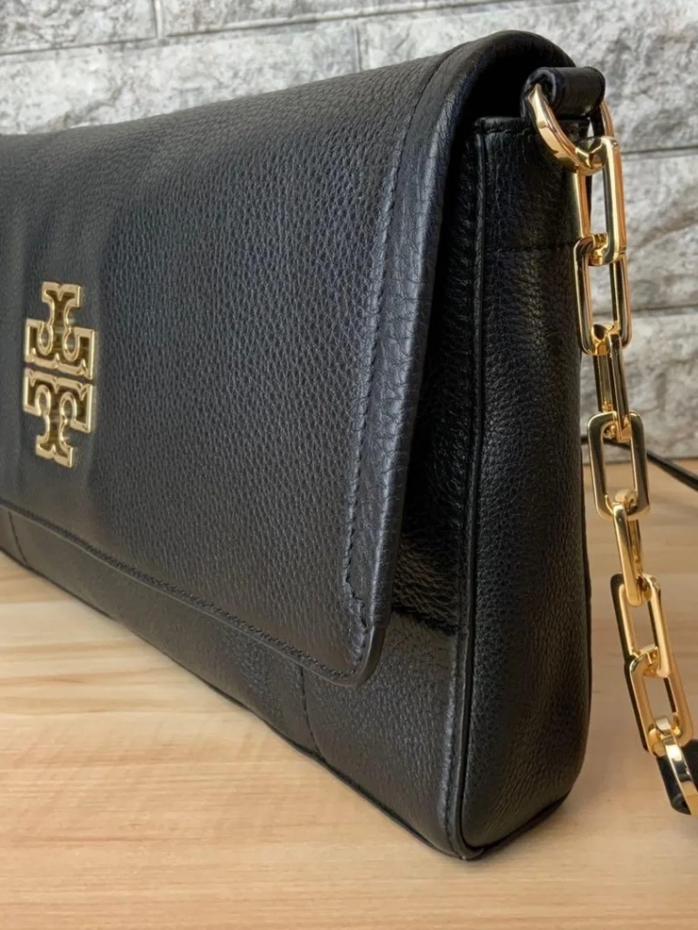 Tory Burch Britten Black Leather Fold Over Messenger Crossbody